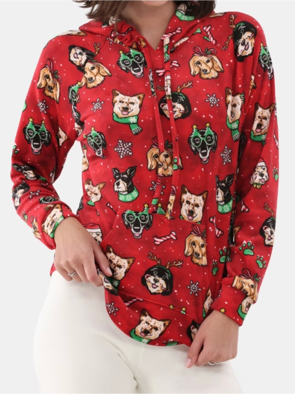No Boundaries L Red Festive Dog Print Velour Hoodie Sweatshirt Christmas Whimsy